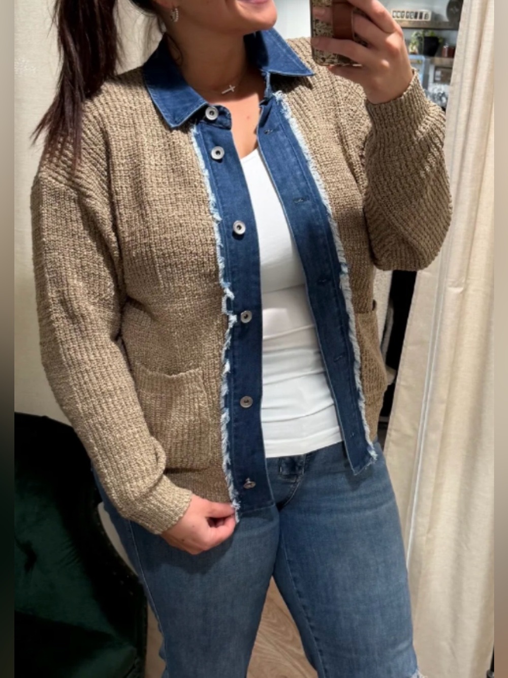 NWOT Sew In Love Tan and Blue Cardigan Sweater